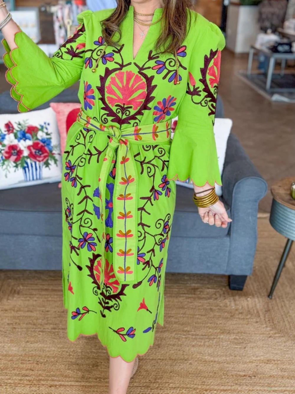 Heart of Grace Green Embroidered Floral Tie-Waist Midi Dress